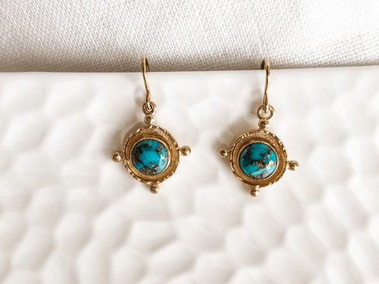 GOLD TURQUOISE MEDALLION DROP EARRINGS