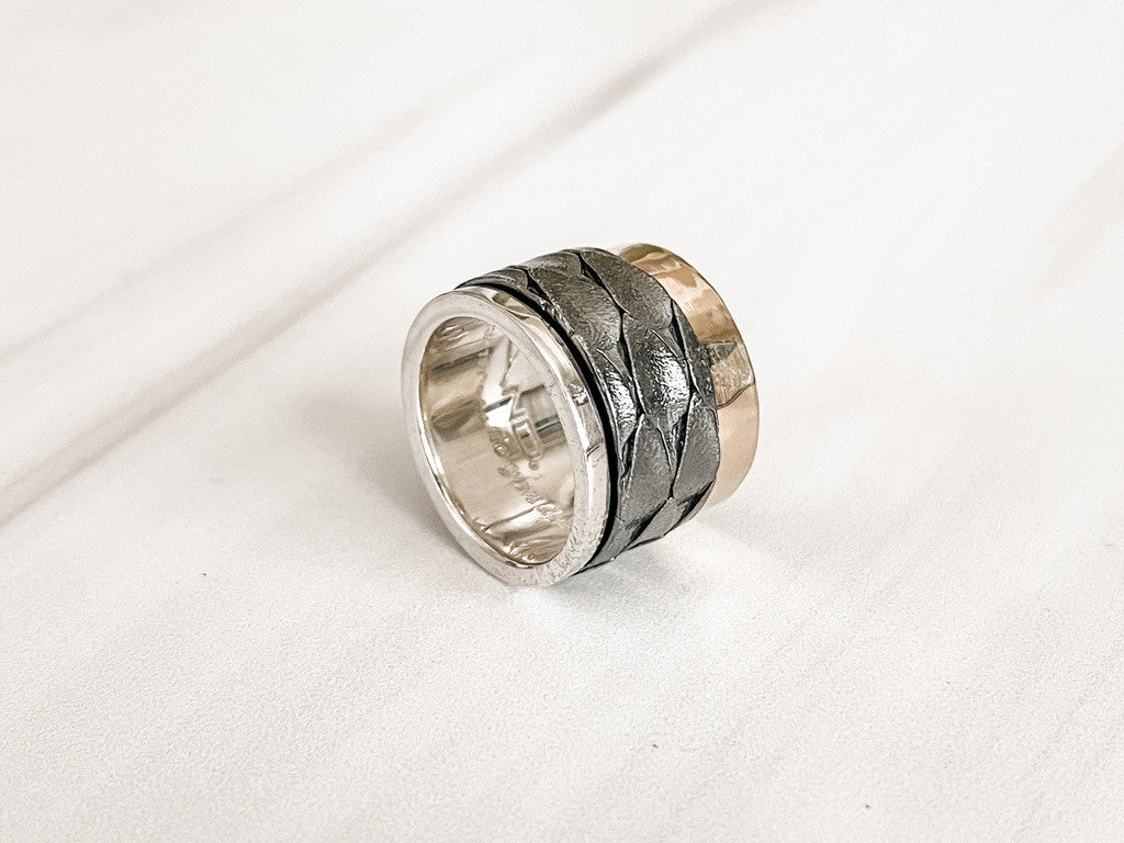 Sterling Silver and 18k Gold Spinner Ring with Scale Texture