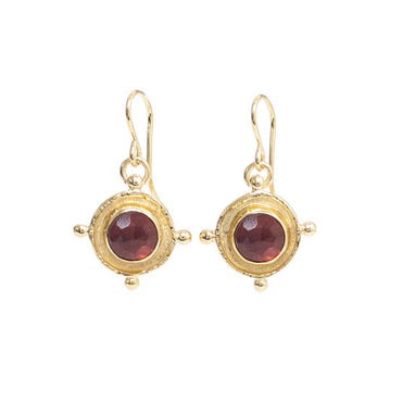 GOLD GARNET MEDALLION GEM DROP EARRINGS