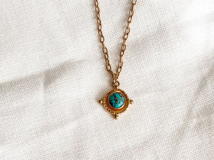 GOLD CHOKER TURQUOISE GEM MEDALLION PENDANT