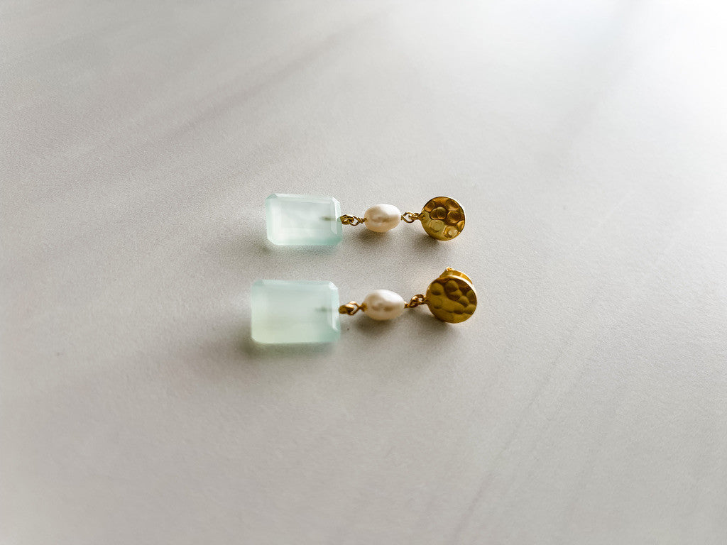 COIN, PEARL & AQUA CHALCEDONY EARRINGS