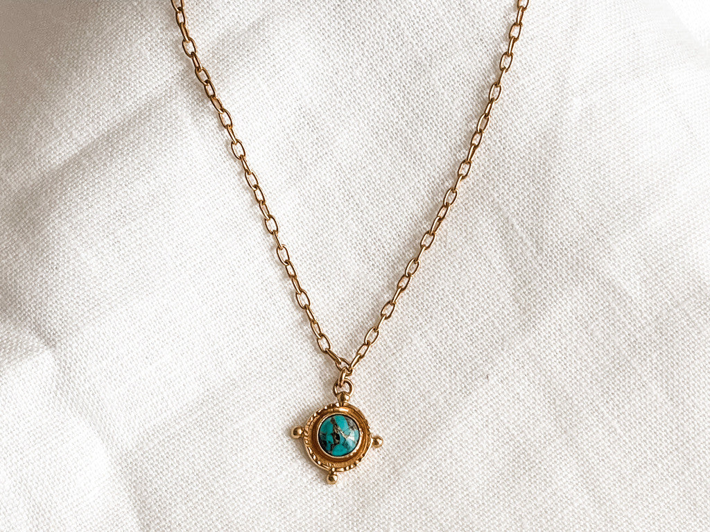 GOLD CHOKER TURQUOISE GEM MEDALLION PENDANT