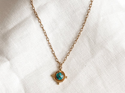 GOLD CHOKER TURQUOISE GEM MEDALLION PENDANT