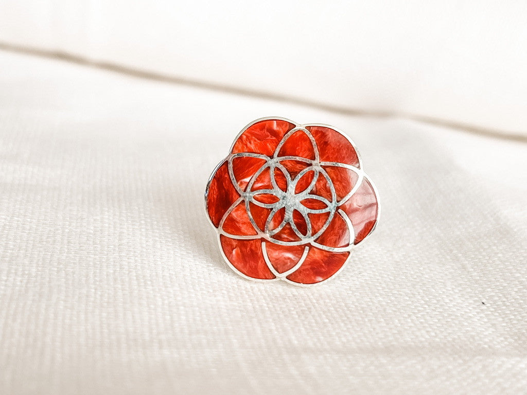 STERLING SILVER INLAY ORANGE FLOWER RING