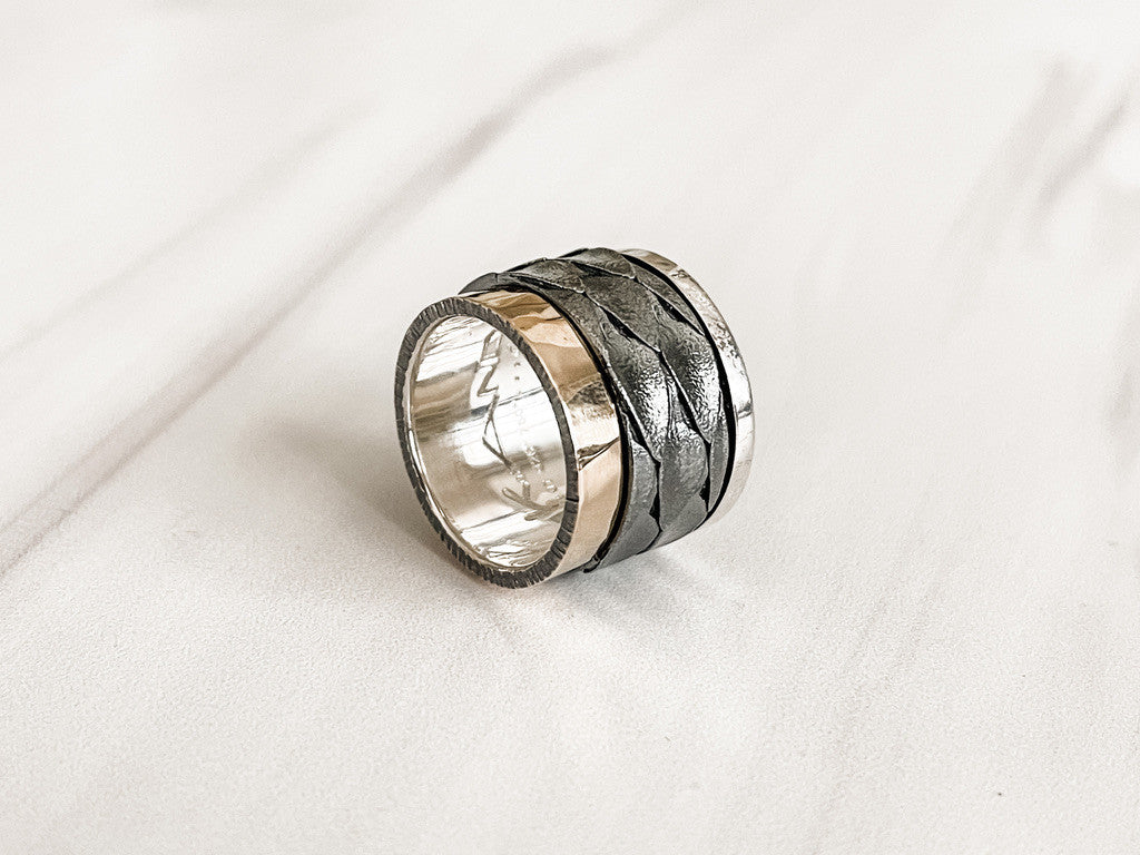 Sterling Silver and 18k Gold Spinner Ring with Scale Texture