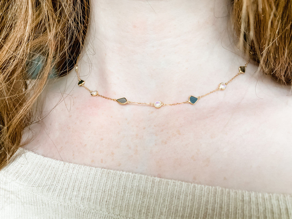 18K Gold Chain with Rainbow Moonstone and Black Diamond Slices