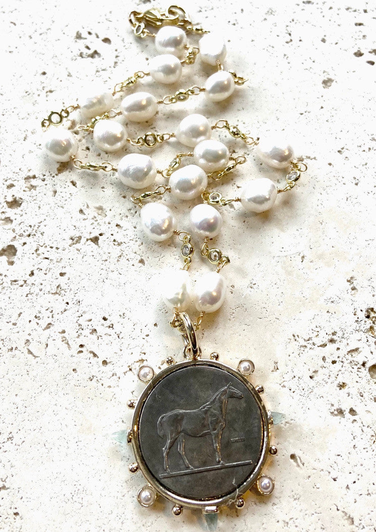 HORSE JEWELRY FRENCH COIN MEDALLION EQUESTRIAN NECKLACE