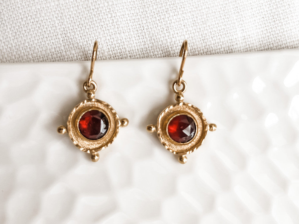 GOLD GARNET MEDALLION GEM DROP EARRINGS