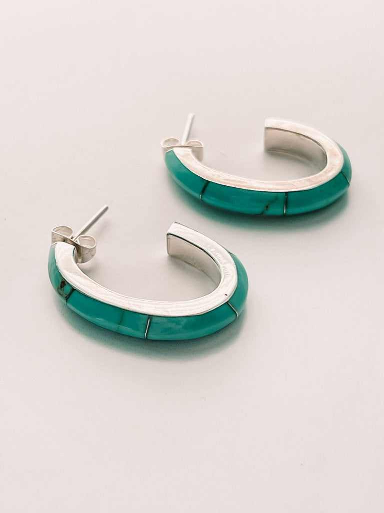 STERLING SILVER AND TURQUOISE OBLONG HOOPS