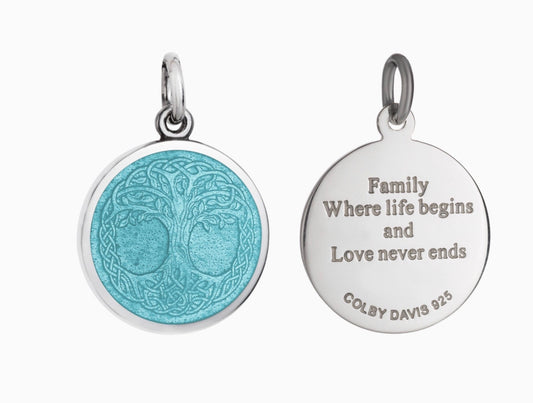 SMALL LIGHT BLUE TREE OF LIFE PENDANT W/ 18" STERLING SILVER PETIT ROLO CHAIN