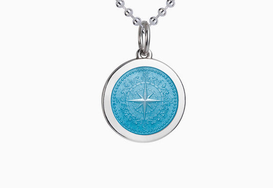 MEDIUM LIGHT BLUE COMPASS ROSE W/ 18" STERLING SILVER PETIT ROLO CHAIN