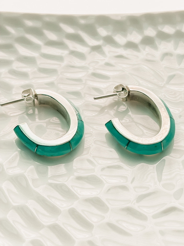 STERLING SILVER AND TURQUOISE OBLONG HOOPS