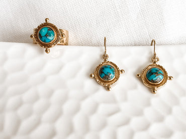 GOLD TURQUOISE MEDALLION DROP EARRINGS