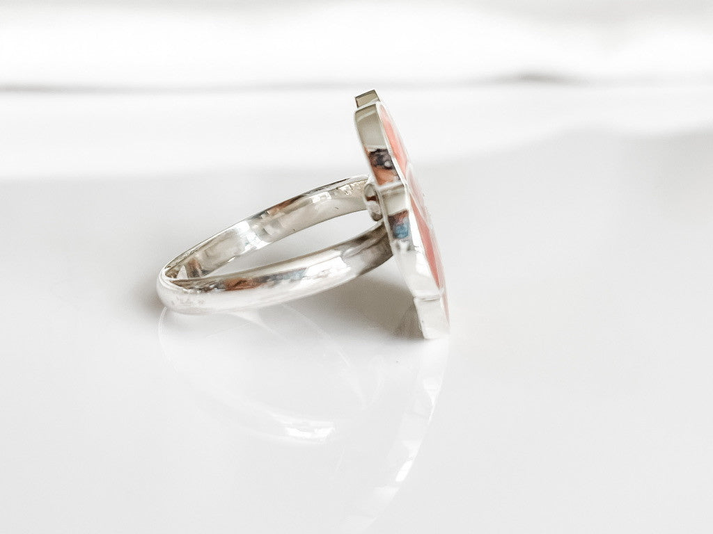 STERLING SILVER INLAY ORANGE FLOWER RING