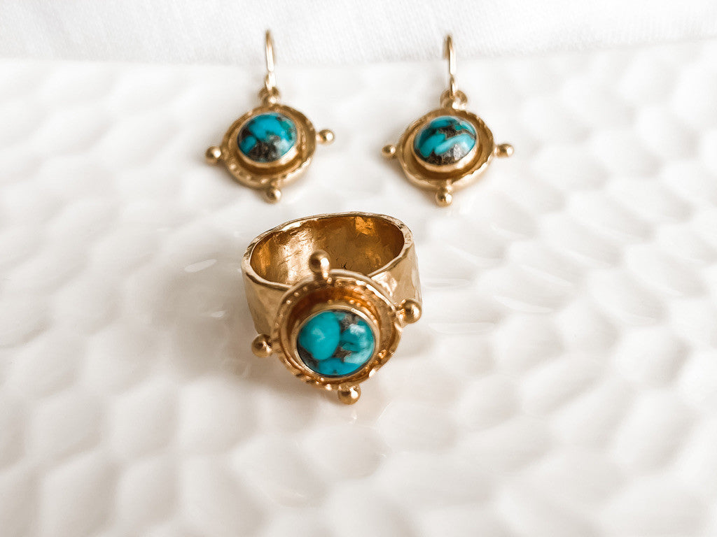 GOLD TURQUOISE MEDALLION DROP EARRINGS