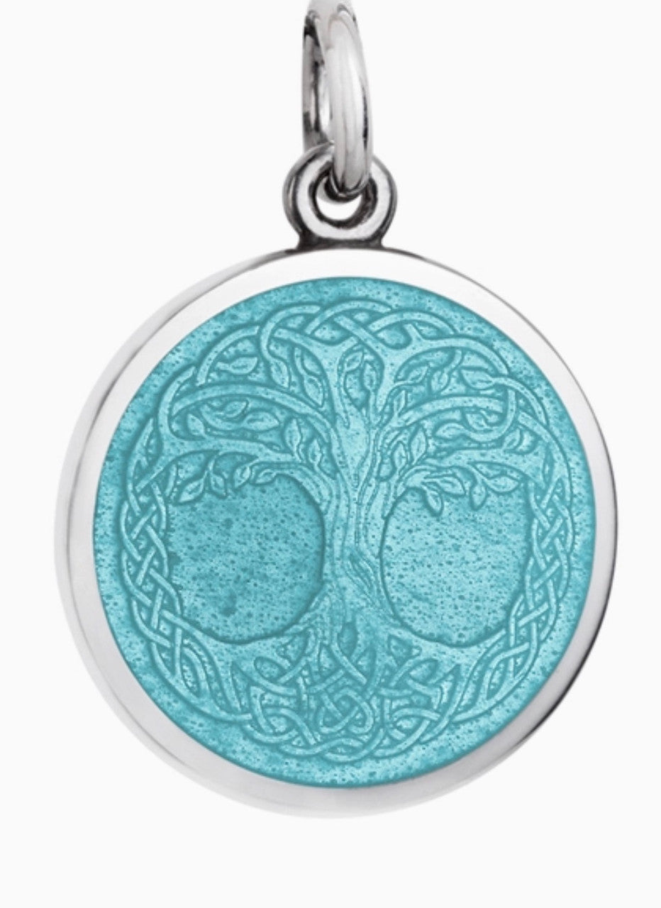 SMALL LIGHT BLUE TREE OF LIFE PENDANT W/ 18" STERLING SILVER PETIT ROLO CHAIN