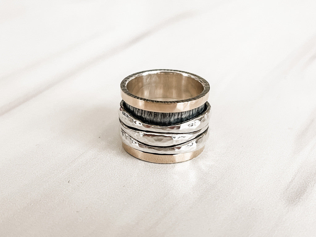 Sterling Silver and 18k Gold Spinner Ring with Three Wavy Bands