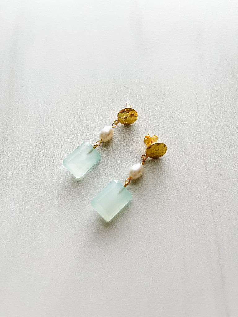 COIN, PEARL & AQUA CHALCEDONY EARRINGS