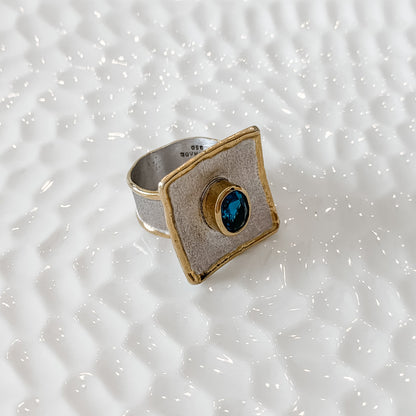 Fine Silver Ring with London Blue Topaz and 24K gold accent