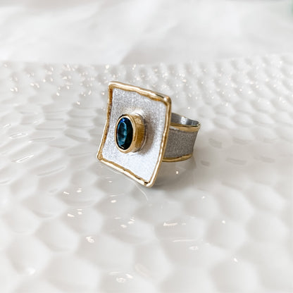 Fine Silver Ring with London Blue Topaz and 24K gold accent