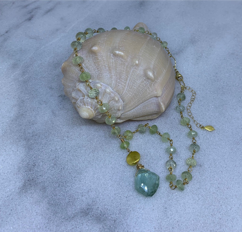 14k Gold Filled Prehnite Chain w/Aquamarine Nugget & Gold Filled Coin Necklace