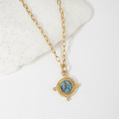 GOLD CHOKER TURQUOISE GEM MEDALLION PENDANT